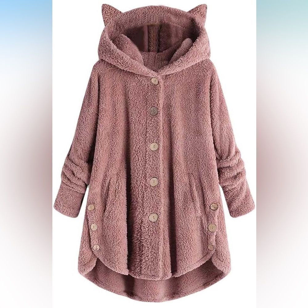 Women’s Cozy Pink Teddy Jacket w/ Cat Ear Hood Button Down Long Sleeve, Size 14